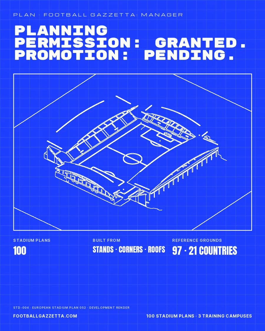 Campaign poster: a European stadium plan drawn as a blueprint