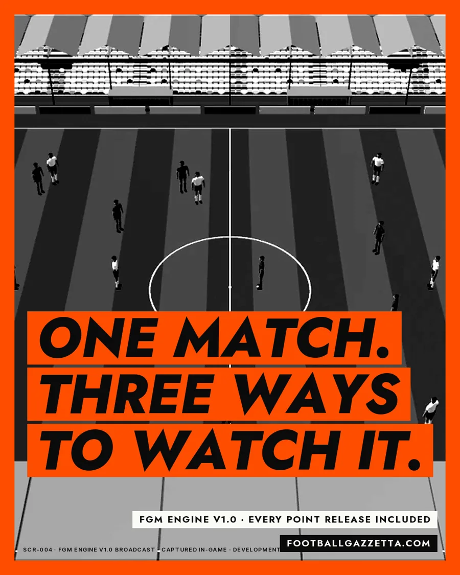 Campaign poster: the V1.0 match broadcast in black and white on orange, headline One match, three ways to watch it