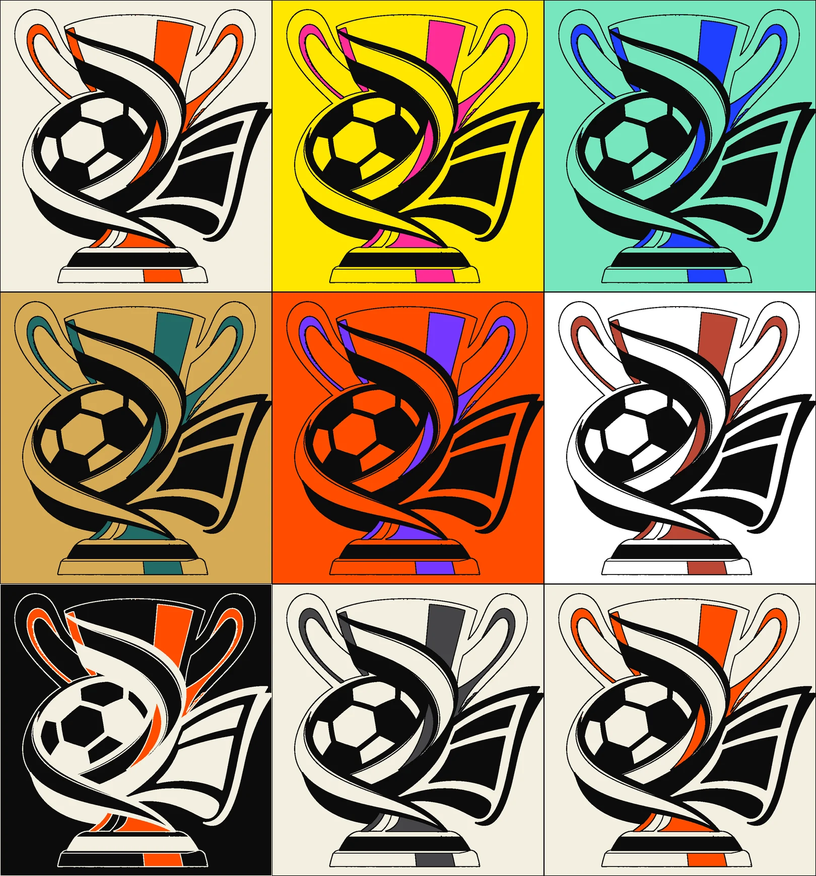 The game's trophy mark screenprinted nine ways, from paper and orange to acid yellow, mint, gold, ink and grey