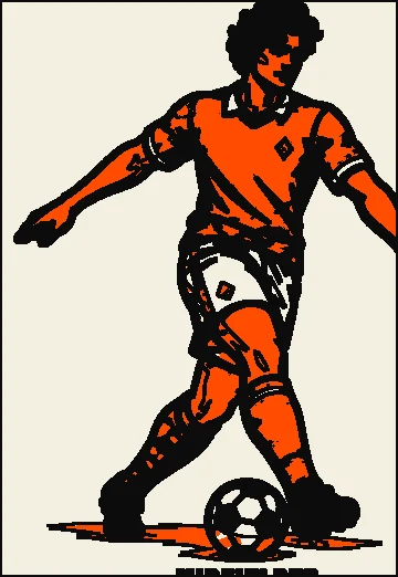 Midfielder striking the ball, screenprinted in orange on paper