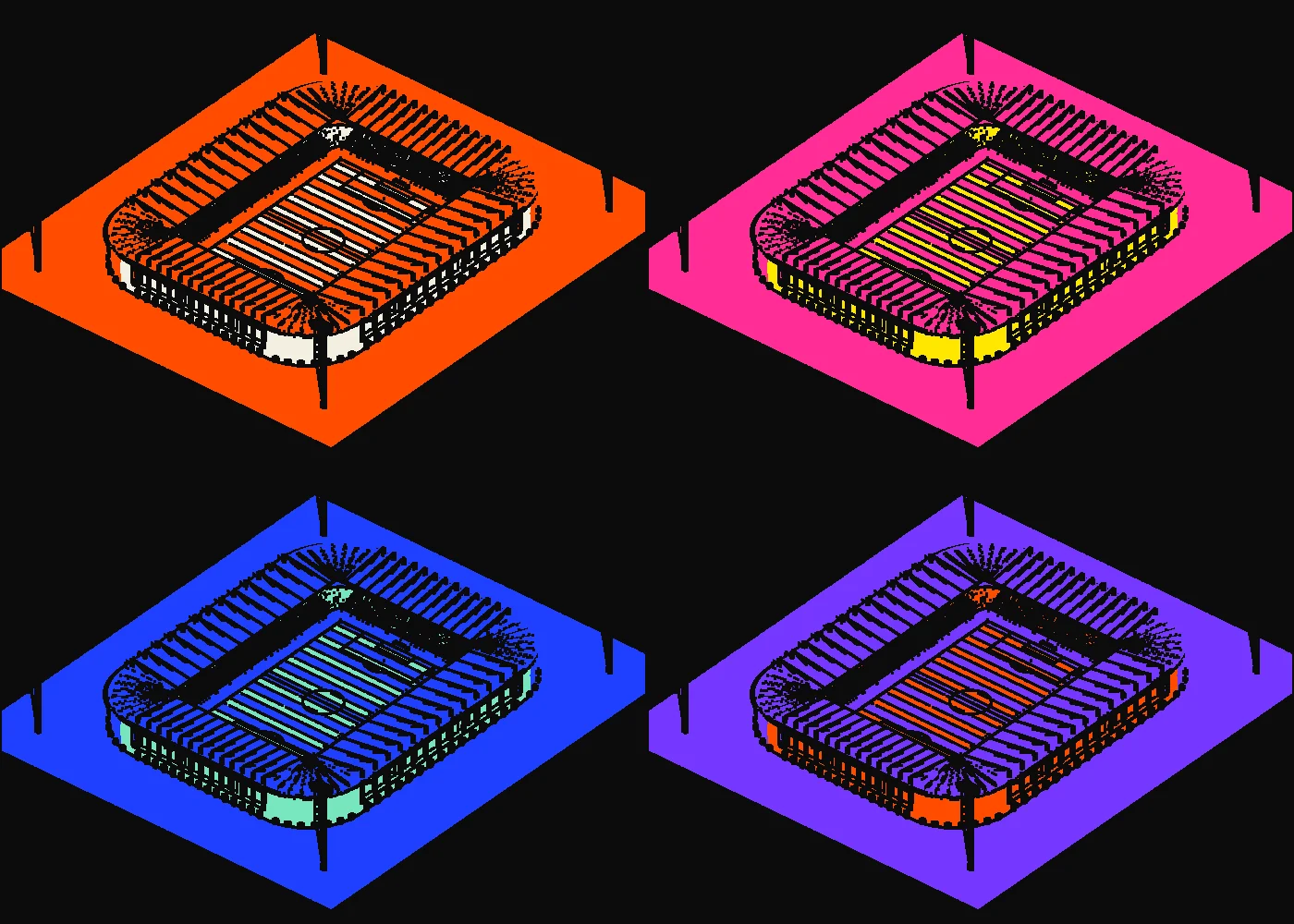 The home ground screenprinted four ways in orange, acid yellow, cobalt and teal