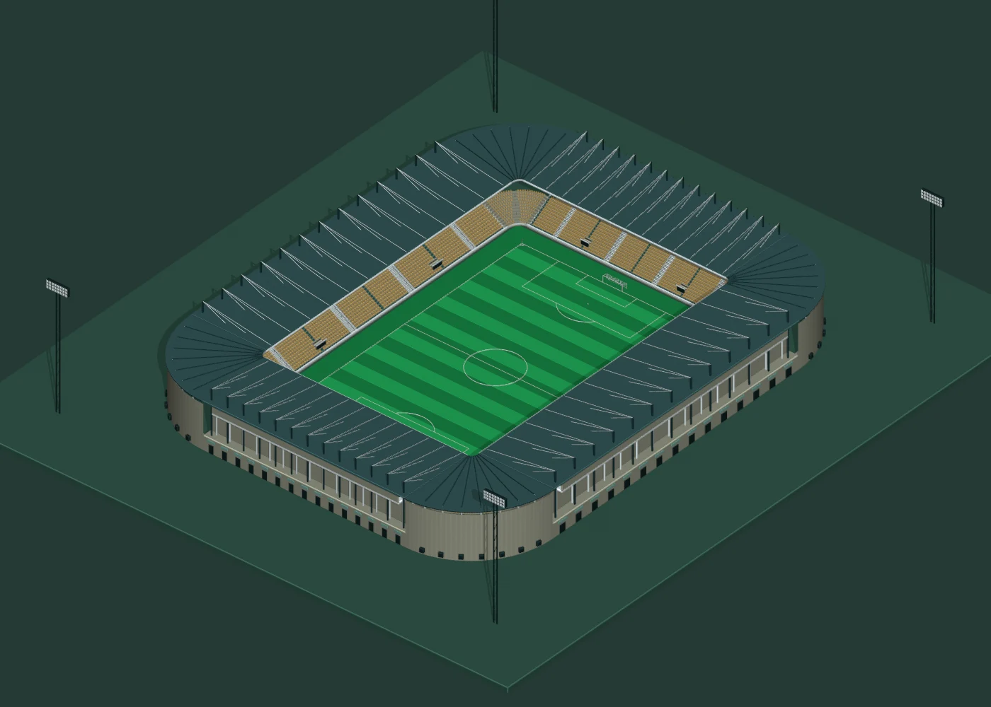 3D render of the stadium with upper tiers and connected corners, red seats under floodlights